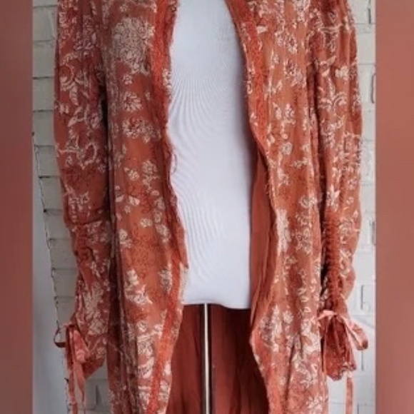 FREE PEOPLE Lara Doublecloth Duster Large Red Cream Lace - Picture 2 of 4